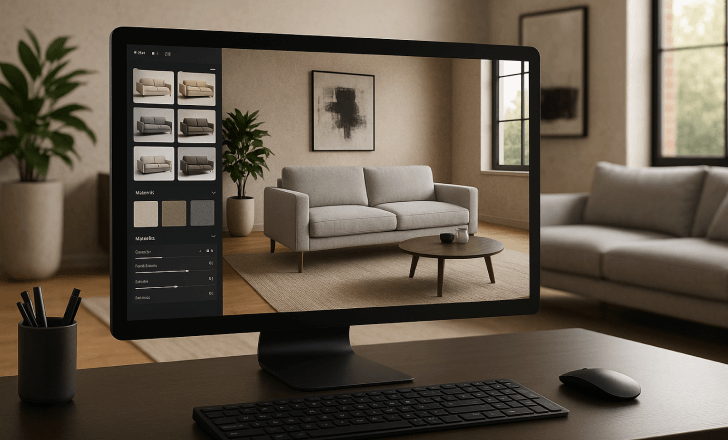 A computer screen displaying a 3D-rendered living room with customizable furniture options, positioned in front of a real room with similar decor.