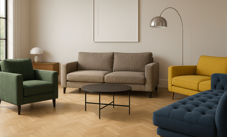 A living room cluttered with mismatched 3D furniture models in different colors and styles, illustrating poor design choices.