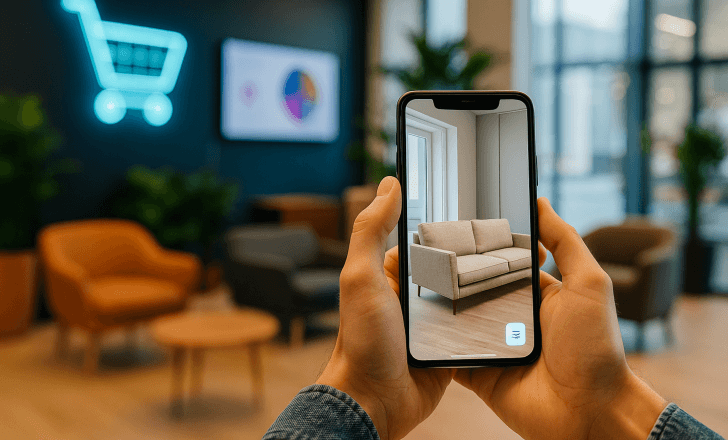 A person holding a smartphone in a retail showroom using augmented reality to visualize a beige sofa, with digital displays and furniture in the background.
