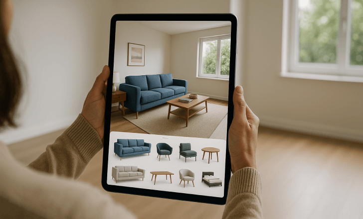 A person holding a tablet to place furniture in an empty room using AR and a product catalog.