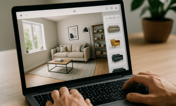 A user browsing 3D furniture options on a laptop with a realistic room planner open.