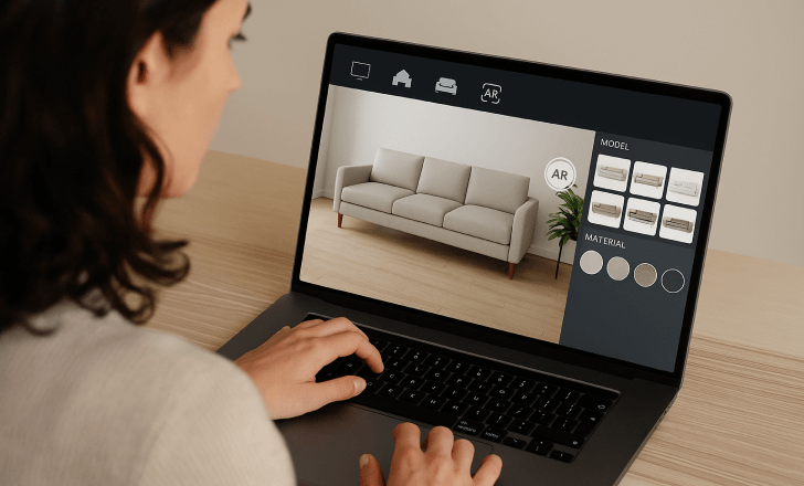 A woman selecting 3D sofa models and materials using a furniture visualization tool on her laptop.