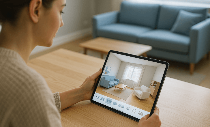 A woman using a tablet to customize a 3D-rendered room layout, with virtual furniture displayed on screen and matching real furniture in the background.