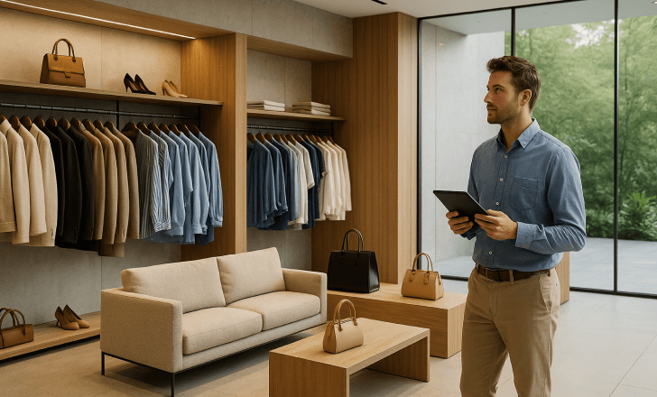 Fashion buyer analyzing apparel and accessories in a modern digital showroom