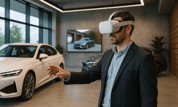 Man exploring a luxury virtual showroom featuring cars using a VR headset