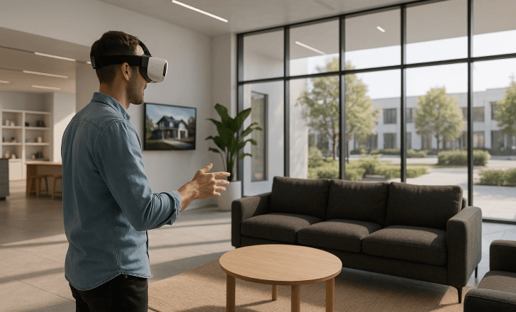 Man in a modern digital showroom exploring virtual furniture using VR headset
