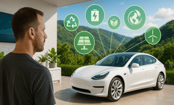 Man observing an electric car with sustainability icons in a virtual showroom