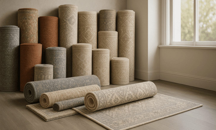 Neatly rolled and stacked rugs in different textures and colors arranged beside a large window in a bright showroom.