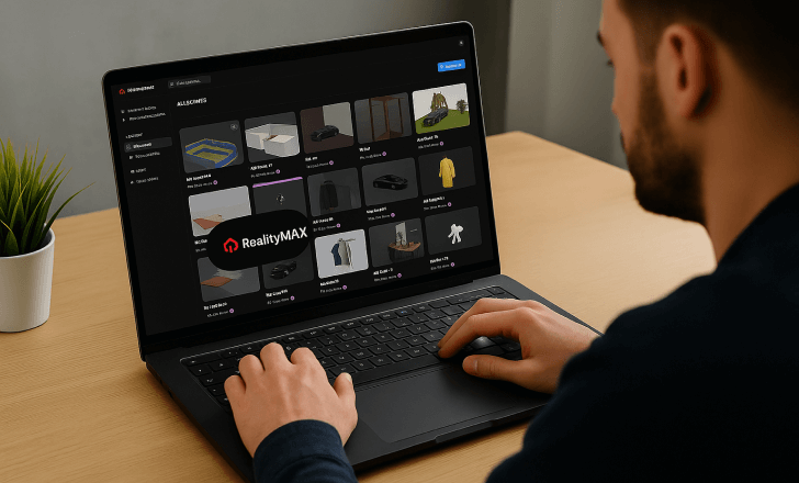 Person using the RealityMAX dashboard with showroom scenes of cars and fashion on a laptop