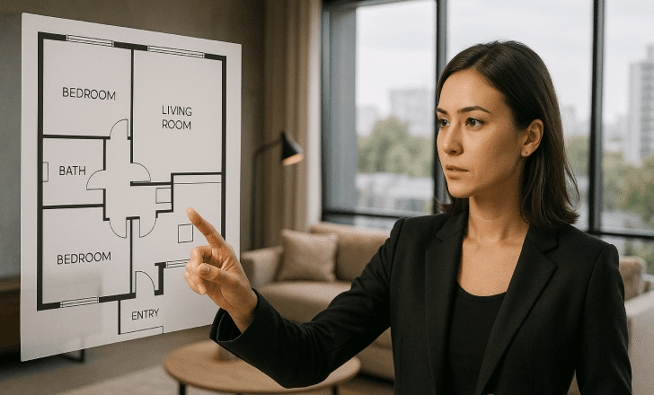 Real estate agent reviewing a floating floor plan in a modern virtual showroom