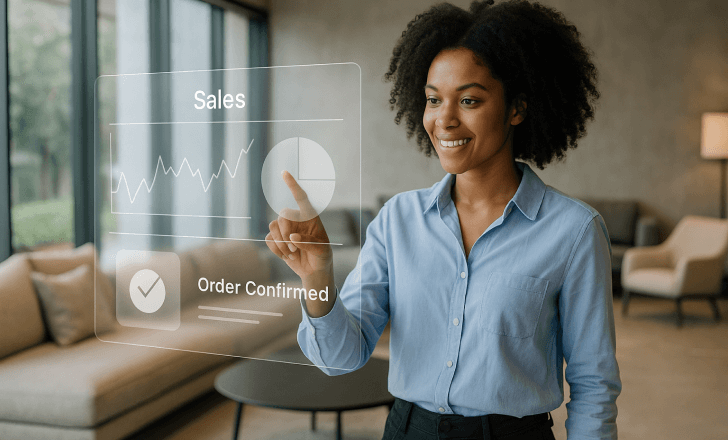 Woman interacting with AR sales data in a bright virtual showroom