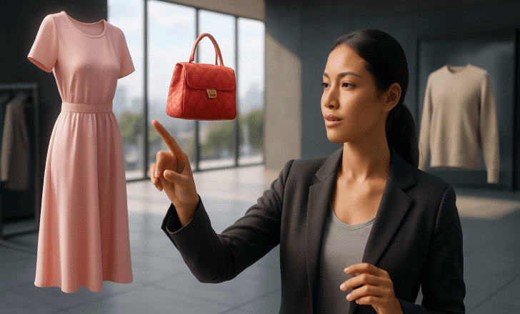 Woman interacting with a floating pink dress and red handbag in a virtual showroom