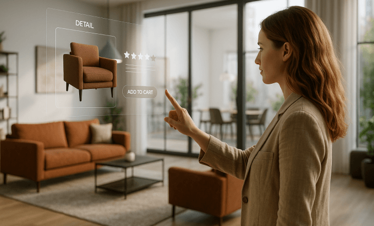Woman interacting with product detail panel of an armchair in a virtual showroom
