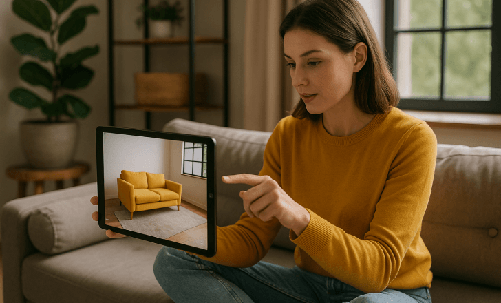 A woman using AR on a tablet to preview a yellow sofa in a modern home interior.