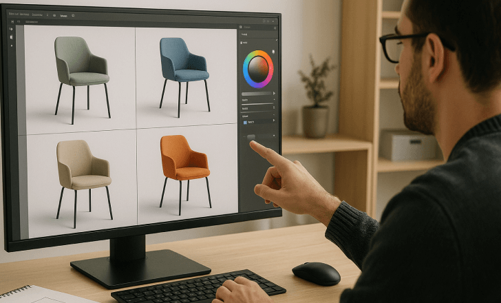 A designer editing different 3D chair color variations on a computer screen, illustrating fast customization in a modern workspace.