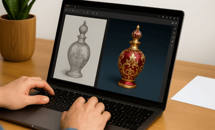 A laptop screen displaying a sketch and a 3D model of a luxurious Arabian perfume bottle in a modern workspace
