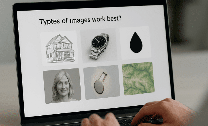 A laptop screen showing different 2D image types ideal for 3D modeling, including a house sketch, watch, icon, portrait, and topographic map