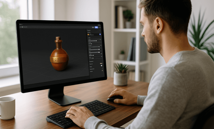 A man editing a 3D model of an orange potion bottle on a desktop monitor in a bright, minimalist workspace
