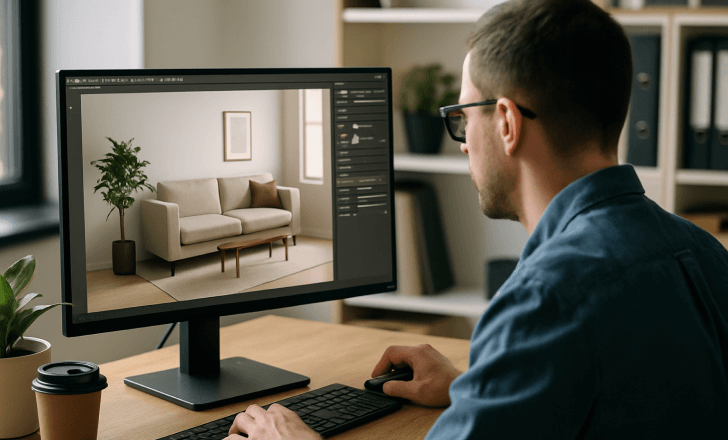 A man working at a desk viewing a detailed 3D interior render on his computer screen, showcasing how digital visualization replaces physical product photography.