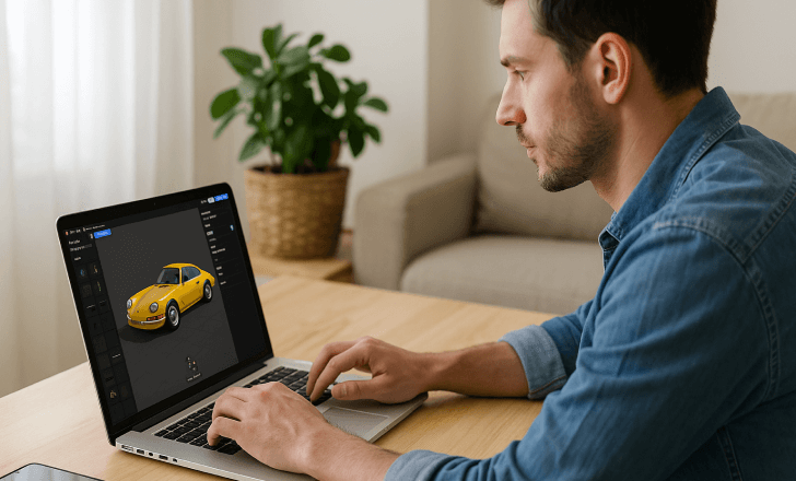 A man working on a 3D model of a yellow vintage car on his laptop in a bright, modern room