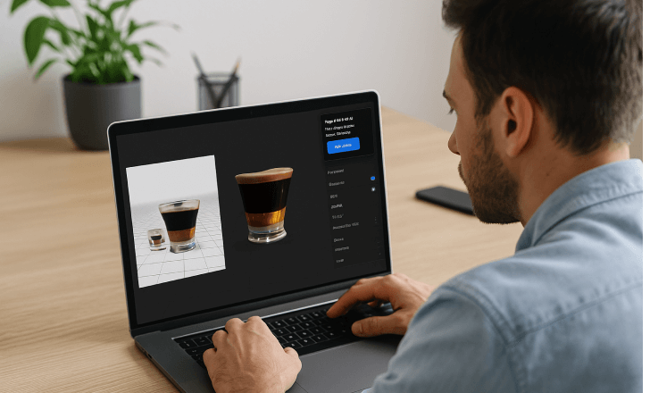 A man working on a laptop with a 3D-rendered coffee drink and its 2D reference photo on screen