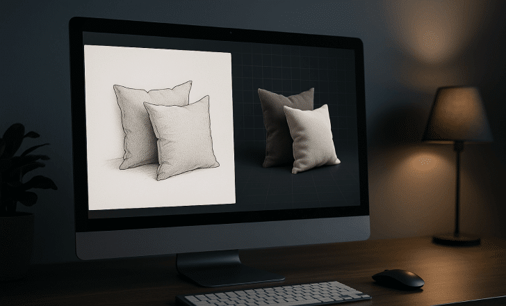 A monitor displaying a 2D drawing of pillows and their 3D model counterpart side by side in a dark modern workspace