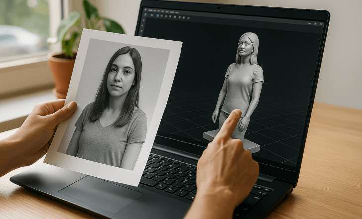 A person using a laptop to convert a grayscale portrait into a 3D digital sculpture of a woman