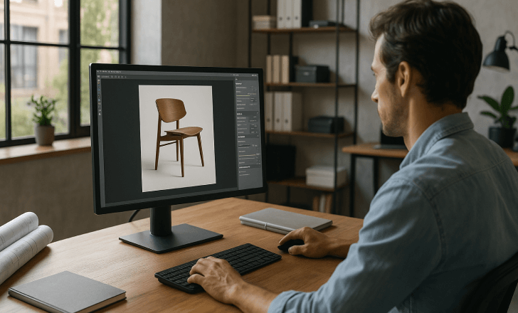 A professional working on a cost-effective 3D chair render at a desk, with software settings and architectural plans visible in a modern office.