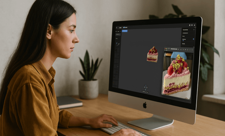 A woman working on a desktop computer, converting a photo of a raspberry pistachio cake into a 3D model