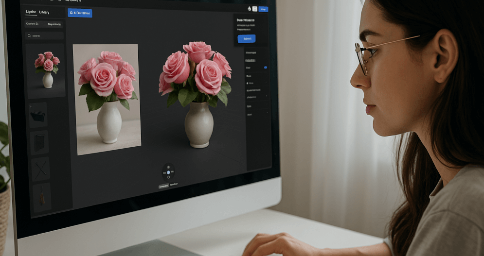 A woman working on a desktop computer displaying a 3D model of a vase of pink roses
