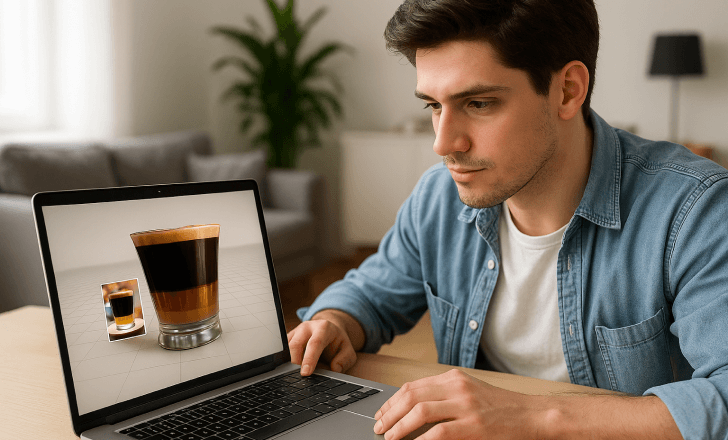 A young man working on his laptop while converting a photo of a layered espresso into a 3D model