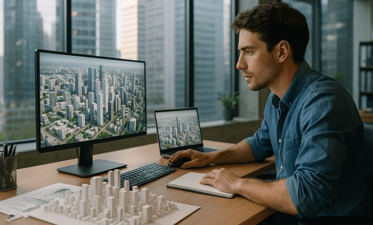 Architect analyzing future city concepts with 3D modeling software and physical models