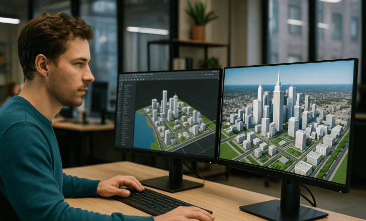 Architect designing a smart city with 3D modeling software on dual monitors