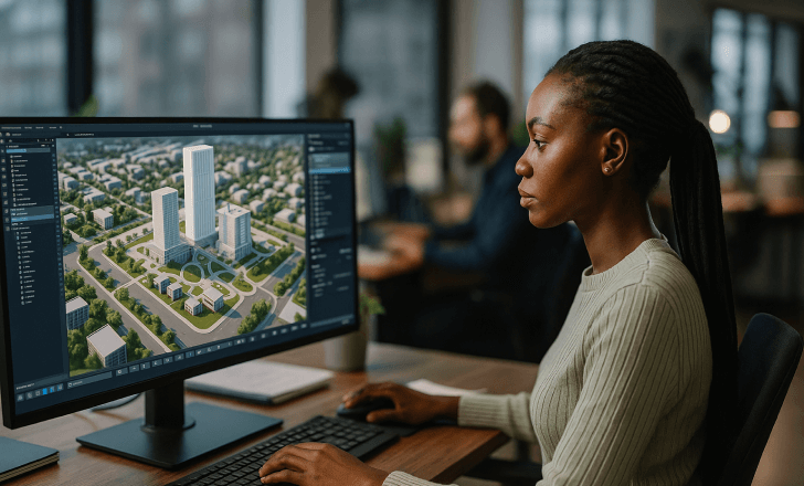 Architect examining complex 3D development model on computer monitor in modern office