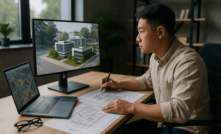 Architect working on 3D model of modern building using computer and architectural plans