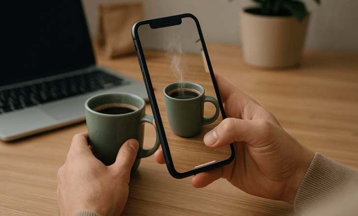 Augmented reality coffee mug appearing on a smartphone screen while a person holds the real cup in a cozy workspace.
