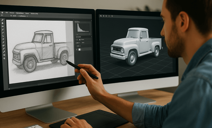 Designer converting a 2D truck sketch into a 3D model using dual monitors