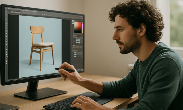 Designer optimizing a background image of a wooden chair for 3D modeling