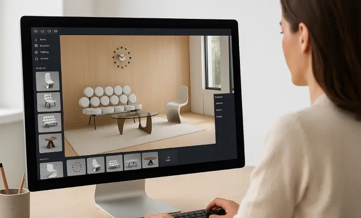 Designer working at desk with widescreen monitor showing a RealityMAX 3D scene