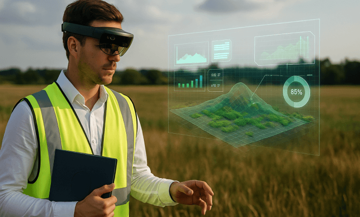 Engineer using AR to visualize terrain data in a public outdoor space