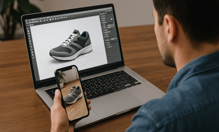 Man using RealityMAX to preview a 3D sneaker model on a laptop while viewing it in AR on his smartphone.