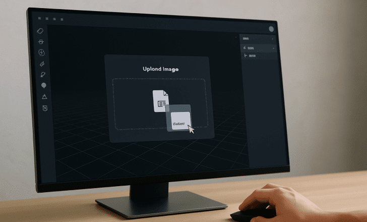 Person dragging an image file into a web-based upload interface for 3D modeling on a desktop computer