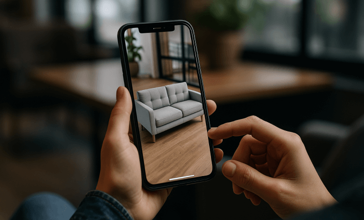 Person interacting with a virtual sofa using augmented reality on a smartphone in a bright, modern indoor space.