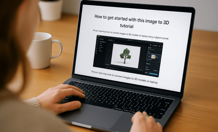 Person learning how to convert images to 3D models on laptop using a digital tutorial