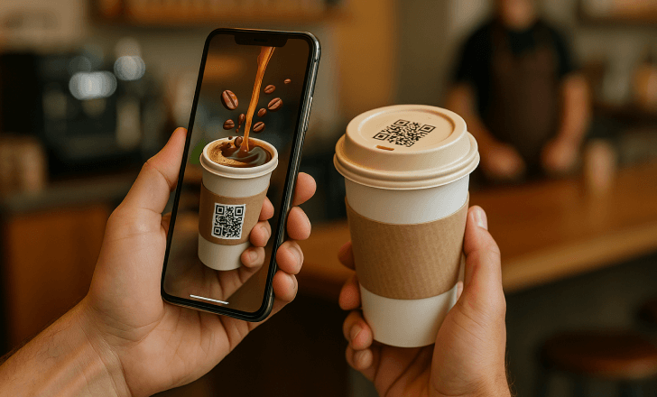 Person scanning a QR code on a coffee cup lid to launch an AR animation of coffee beans and liquid pouring into the cup.