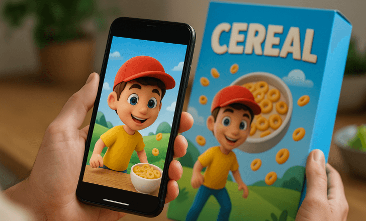 Person using a smartphone to view a 3D animated AR character triggered by a cereal box in a cozy indoor setting.