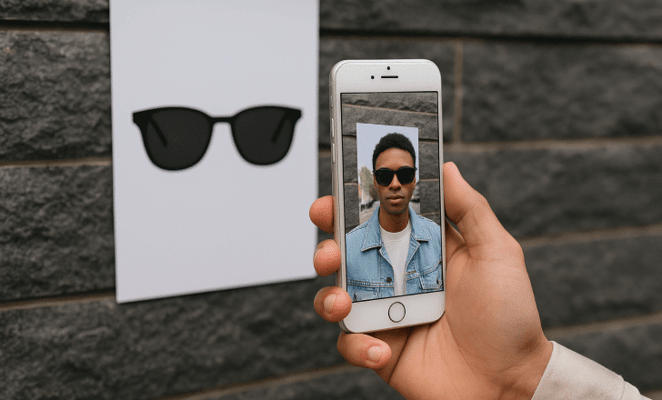 Person using augmented reality on a smartphone to try on virtual sunglasses in front of a poster.