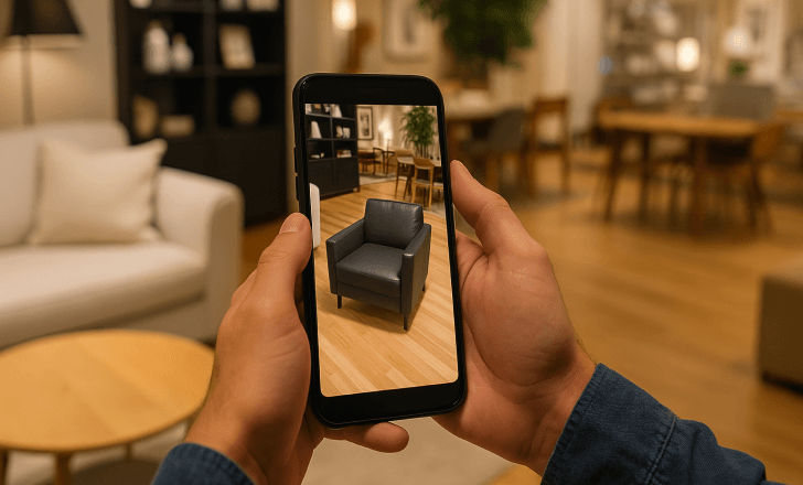 Person visualizing a black leather armchair through augmented reality on a smartphone in a modern furniture store.