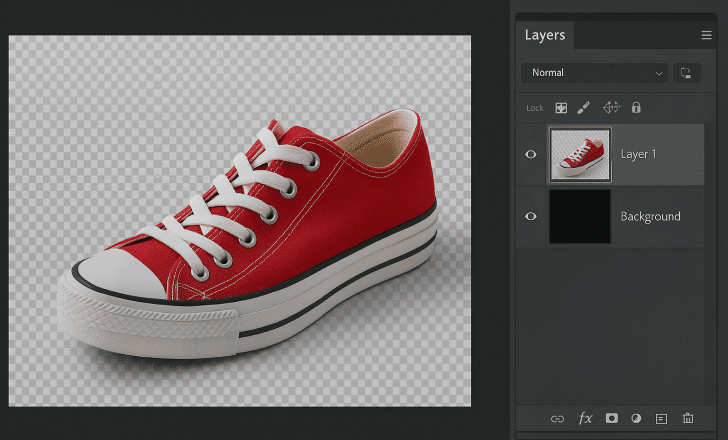 Photo editing software displaying a sneaker on a transparent background layer