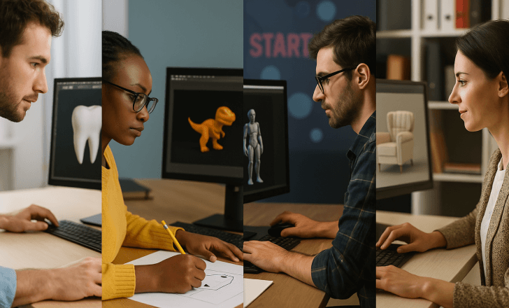 Professionals from different industries using 2D-to-3D conversion for dental, gaming, architecture, and animation projects